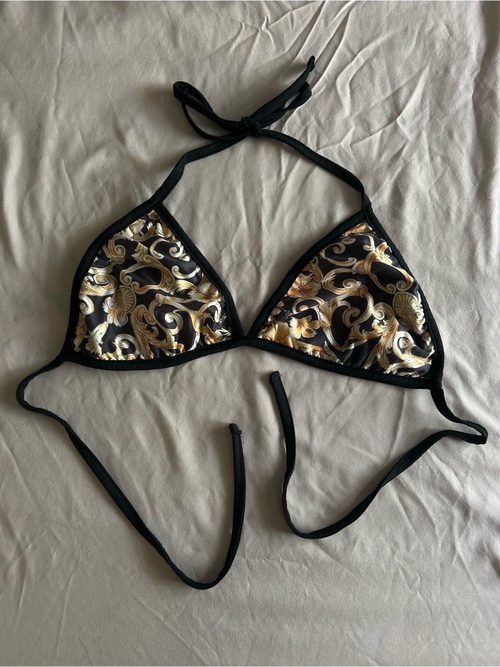 Versace Black and Gold Baroque Triangle Bikini Top
